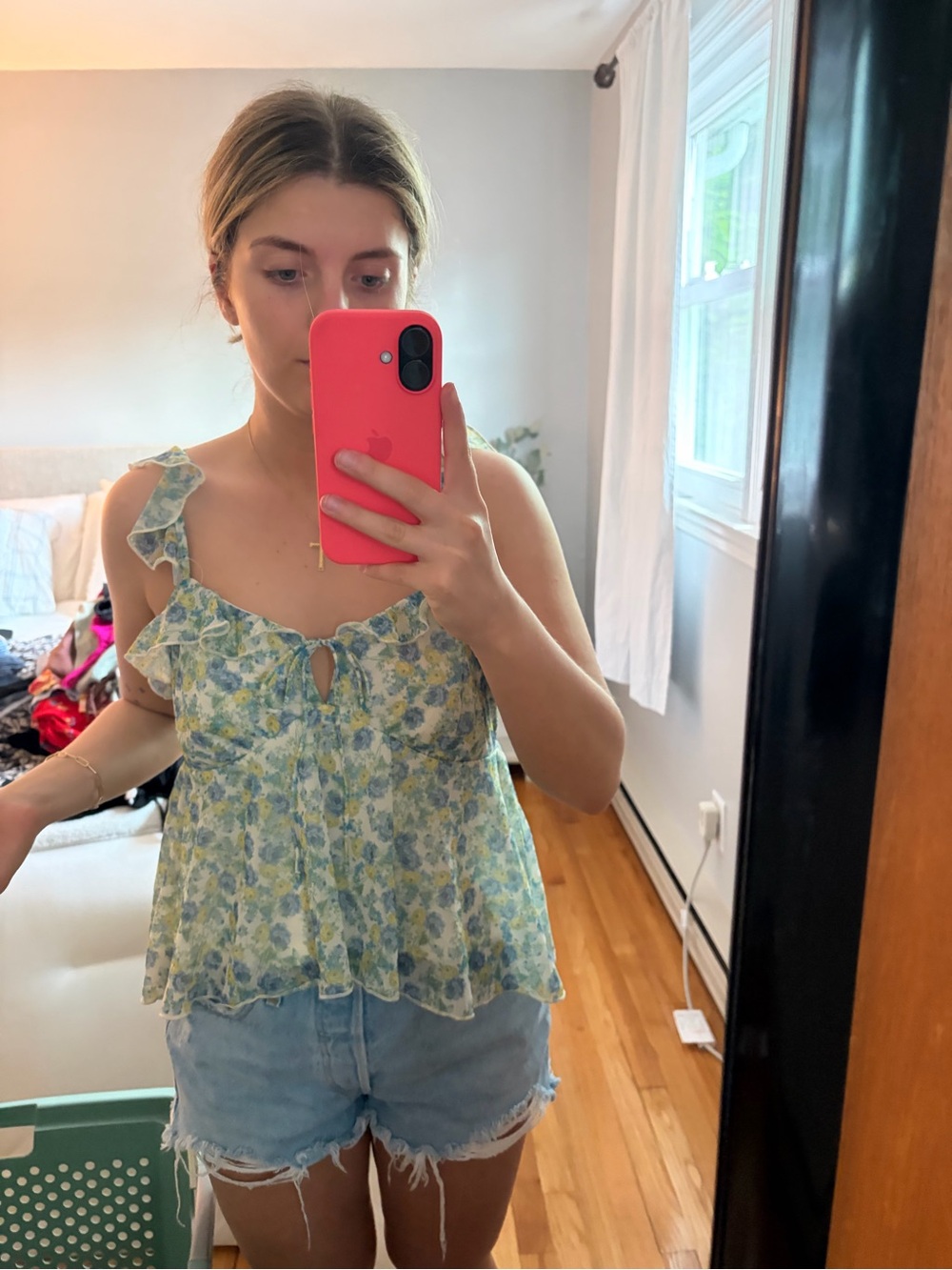 Floral Ruffle Tie-Front Camisole Top - Yellow Blue
